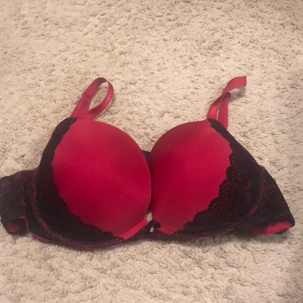Torrid red with black lace bra